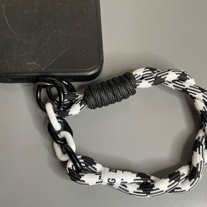 Men’s Black & White Braided Phone Wrist Lanyard with Chain Accent